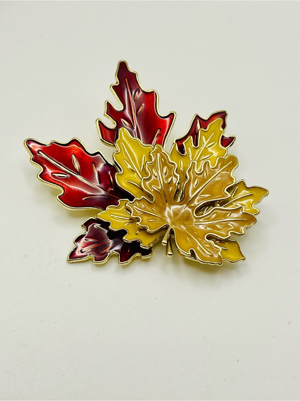 Autumn Maple Leaf Enamel Brooch - Red & Gold Tones